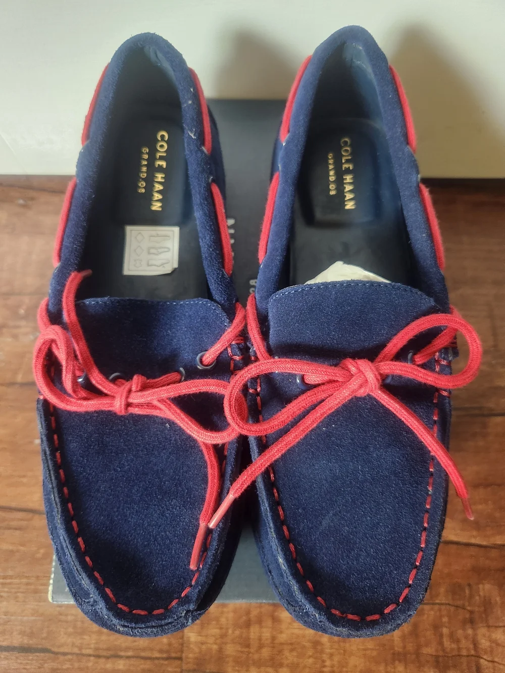 Cole Haan Navy Suede Moccasin Loafers with Red Laces